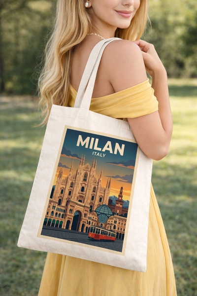 Kirbi Reklam Milan - Milano Şehir Kişiye Özel Çift Taraflı Baskılı Bez Omuz Ç...