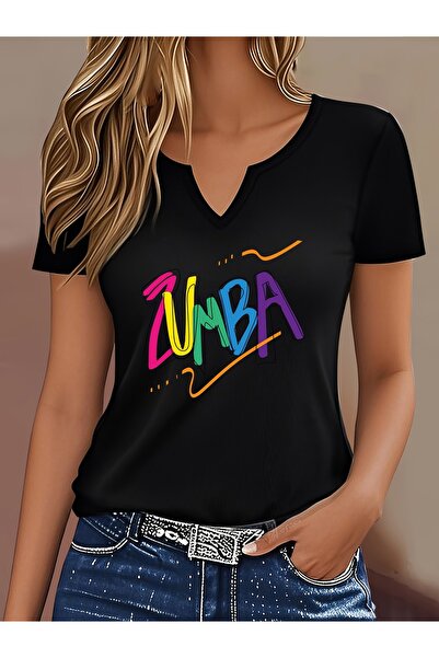 mercoledi Γυναικείο μπλουζάκι με στάμπα, μισό μανίκι σε σχήμα V, κανονική εφα...