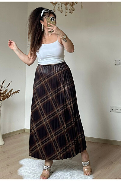 AZRA BUTİK Καφέ φούστα με πλισέ τετράγωνο σχέδιο
