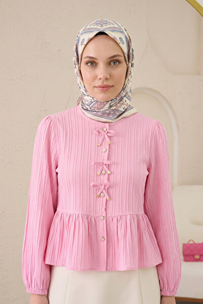 FERHEL Γυναικεία μπλούζα με φιόγκο και λεπτομέρειες με κουμπιά - Ροζ