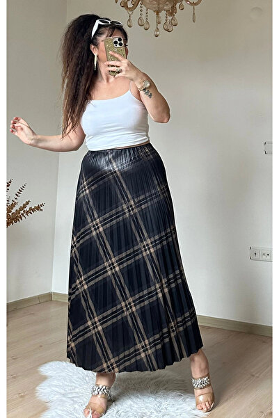 AZRA BUTİK Μαύρη φούστα με τετράγωνο σχέδιο και πιέτες