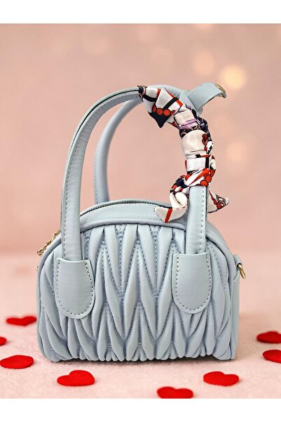 ahsenaksesuar2025 Baby Blue Pleated Folded Leather-Look Mini Shoulder and Han...