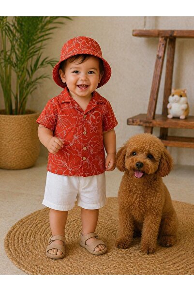 P&H BABYWEAR Çiçek Baskılı Safari Şapkalı Düğmeli Şortlu Yazlık Müslin Erkek ...