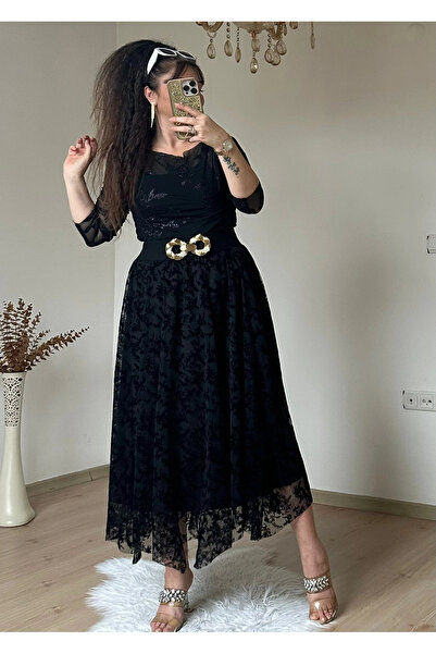 AZRA BUTİK Φούστα με σχέδιο Flock Print Μαύρη