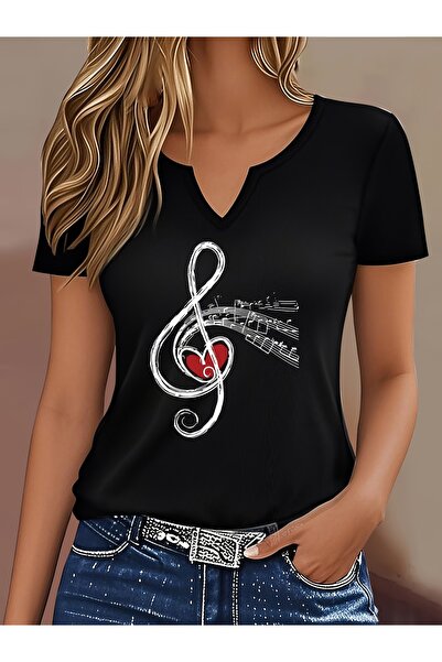 mercoledi Γυναικείο μπλουζάκι με στάμπα, μισό μανίκι σε σχήμα V, κανονική εφα...