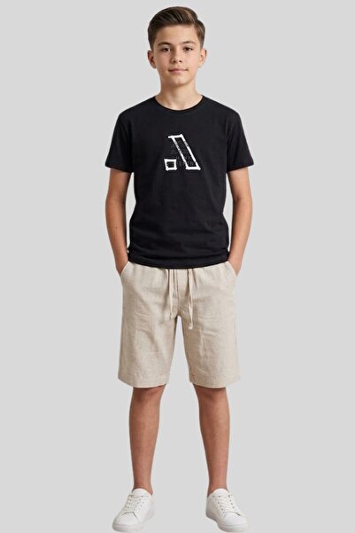 ww waka waka kids store Σετ για αγόρια: Μπεζ λινό σορτς και μαύρο μπλουζάκι μ...