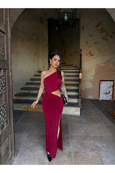 kırmızı butiks Μπορντό φόρεμα με πλαϊνά παράθυρα και άμμοστη υφή