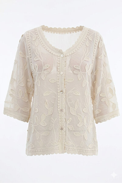 Suziş ΜΠΛΟΥΖΑ ΜΕ ΚΕΝΤΗΜΑ ΣΕ ΣΧΕΔΙΟ ΦΥΛΛΩΝ ΚΑΙ ΤΡΙΕΤΕΣ ΜΑΝΙΚΙΑ M39409