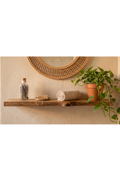 SZN Wood Uçan Raf Eskitme Kütük Doğal Canlı Kenar 75 cm Ladin Göknar Masif Ah...