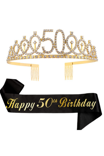Choice8 gold-50 Birthday Tiara Crown Sash Women Girls 16Th 18th 21St 30Th 40T...