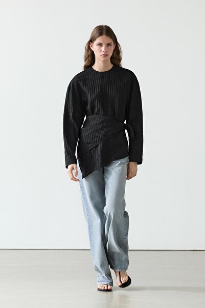Massimo Dutti Fular detaylı dökümlü çizgili gömlek