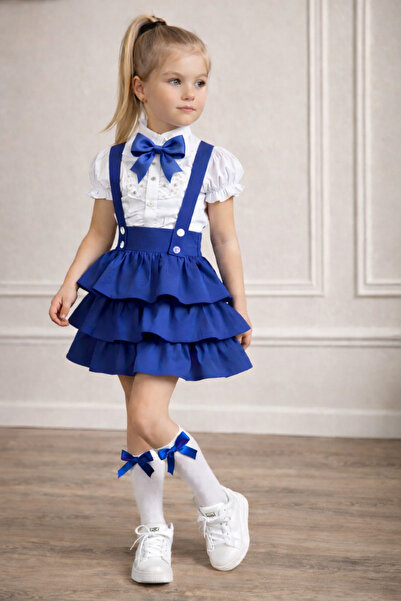 leora kids store Kız çocuk slopet etekli takım(slopet,gömlek,fiyonk)