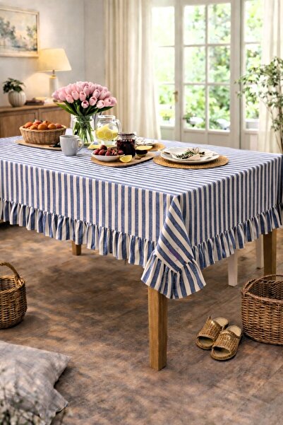 shules collection Τραπεζομάντηλο Buldan από λινό με βολάν, vintage μπλε ριγέ