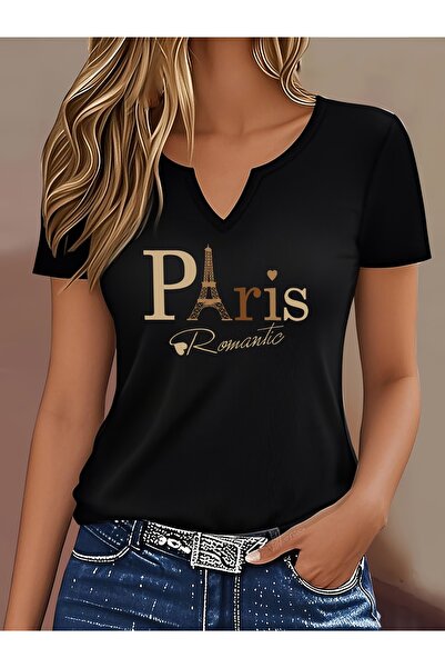 mercoledi Γυναικείο μπλουζάκι με στάμπα, μισό μανίκι σε σχήμα V, κανονική εφα...