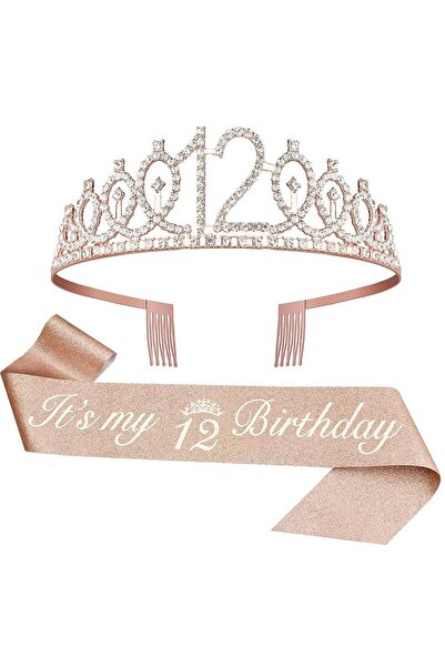 Choice تاج عيد ميلاد ذهبي وردي - رقم 12 مع وشاح للنساء والفتيات من عمر 3 إلى ...