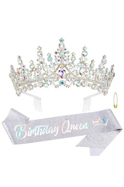 Choice8 silver-AB Baroque Rhinestones Birthday Queen Sash Ribbon Crown Tiara ...
