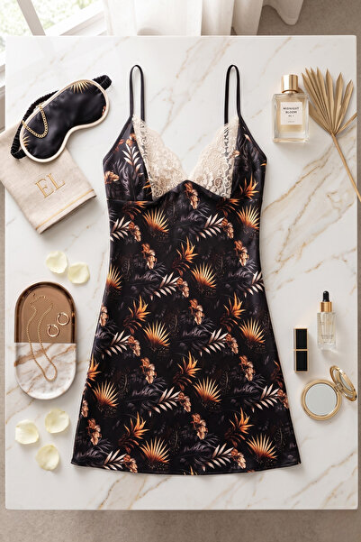 QKK Γυναικείο μαύρο εξωτικό σατέν νυχτικό με δαντέλα και λεπτομέρειες, μίνι ν...