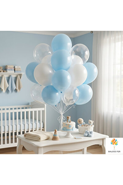 baloss fer Macaron Mavi Beyaz Şeffaf Balon Seti 20 Parça Baby Shower Doğum Gü...