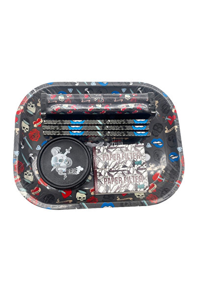 Choice3 طقم هدايا من صينية لف معدنية سوداء فاخرة بنمط جمجمة - يتضمن منفضة سجا...