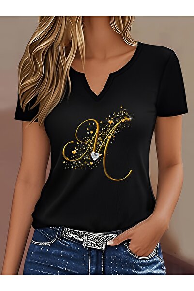 mercoledi Γυναικείο μπλουζάκι με στάμπα, μισό μανίκι σε σχήμα V, κανονική εφα...