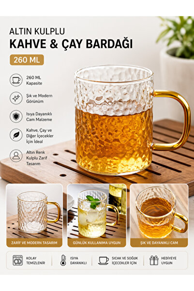 House Bird Altın Kulplu Cam Kahve & Çay Bardağı 260 ML – Şık Tasarım