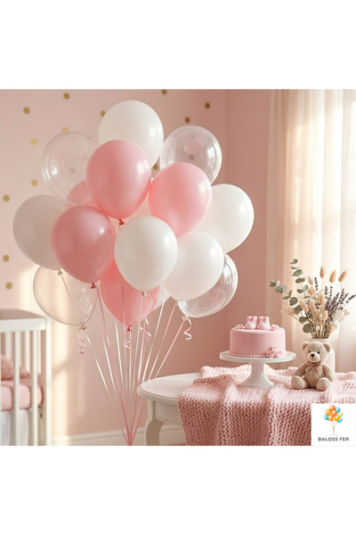 baloss fer Macaron Pembe Beyaz Şeffaf Balon Seti 20 Parça Baby Shower Doğum G...