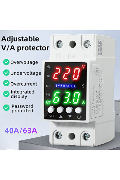 Choice1 63A 40A 63A Din Rail Dual Display Adjustable Over Voltage Current and...