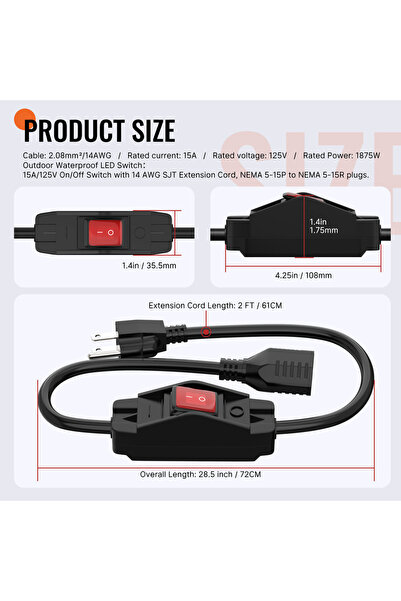 Choice1 2FT-6M 6M 24M 48M Extension Cord with Switch Outdoor 14AWG 3 Prong Sw...