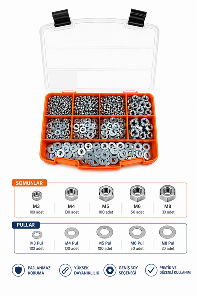 Netzerkoz 761 adet 11 Çeşit Somun ve Pul Seti (M3,M4,M5,M6,M8) , Galvanizli Altıgen Somun ve Pul - DIN 934