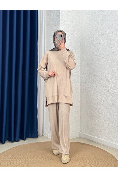 MİHRA STORE Σετ παντελονιού με φερμουάρ και ριμπ ραφές σε χρώμα κανέλας-MF188...