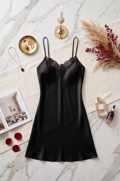 QKK Μαύρο Σατέν Νυχτικό με Δαντέλα στο Στήθος - Κομψό και Φινετσάτο Μίνι Φόρε...