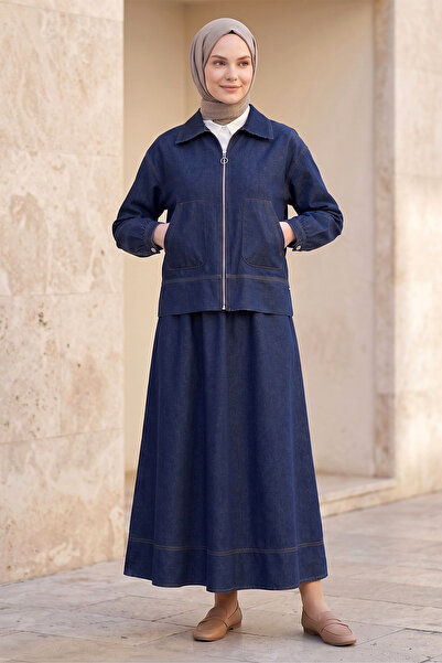 FERHEL Women's Zippered Denim Jacket and Denim Skirt Set - Dark Navy Blue