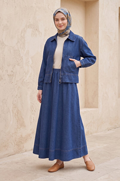 FERHEL Women's Zippered Denim Jacket and Denim Skirt Set - Indigo