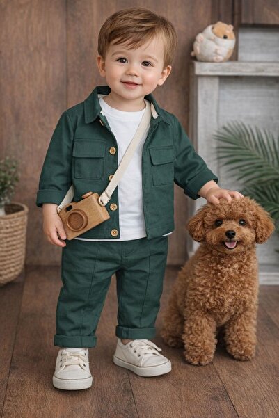 P&H BABYWEAR Keten Likralı Safari Model 3'lü Erkek Bebek/Çocuk Takımı