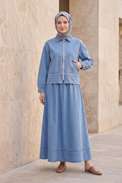 FERHEL Γυναικείο Σετ Τζιν Μπουφάν με Φερμουάρ και Τζιν Φούστα - μπλε σαν πάγος