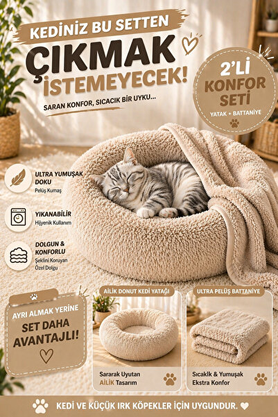 argehome Donut Kedi Yatağı 2’li Set Battaniyeli Peluş Kedi Köpek Yatağı 50 60...