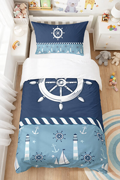 BelezaHome Denizci Desenli Çocuk Nevresim Kılıfı 160x220 Pamuk Tek Kişilik Ko...