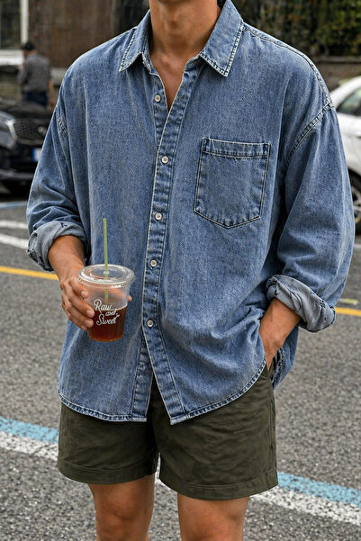 Tarz Cool Men's Oversize Denim Shirt – Washable Denim Shirt with Single Pocke...