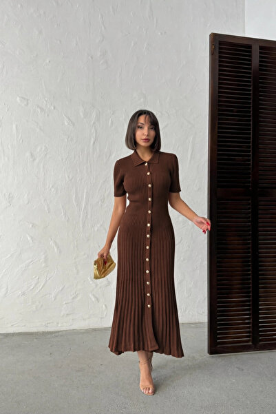 Lusin Γυναικείο καλοκαιρινό υφασμάτινο φόρεμα με κουμπιά σε καφέ απόχρωση, κο...