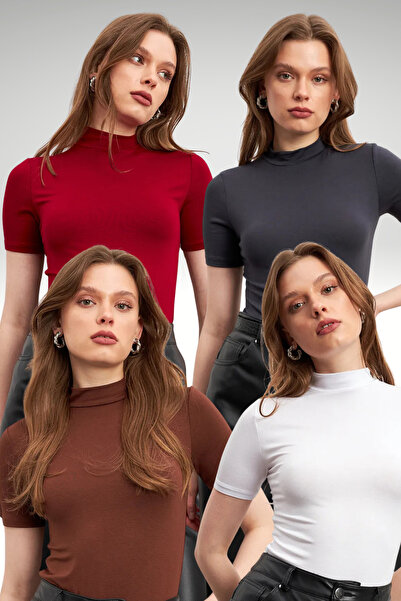 Bipantolon Γυναικεία Λευκή Μπλούζα Κοντομάνικη σε Ανθρακί Καφέ και Βυσσινί, Π...