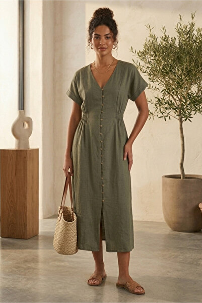 Suziş V-Neck Short Sleeve Shirt Dress Msy1052