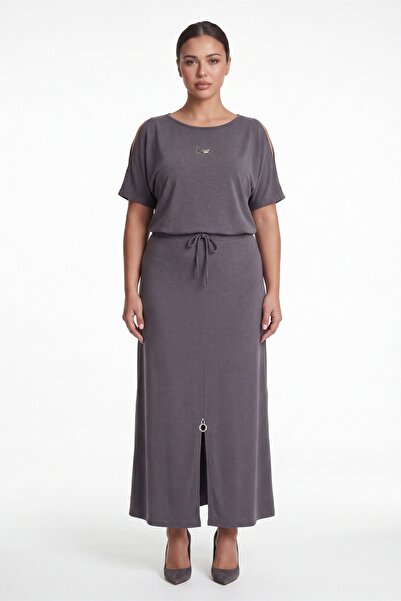 EXİTLİNE Women's Gray Summer Slit and Sleeve Detailed Embroidered Front Top a...