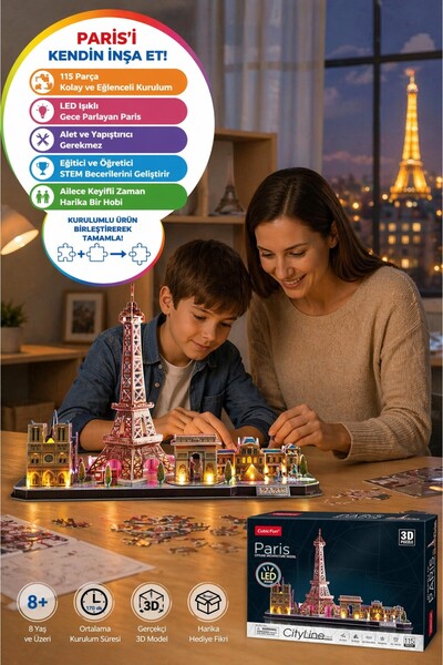TOYFEST CubicFun Paris LED 3D Puzzle 115 Parça Eyfel Kulesi Maket Yapboz Işık...