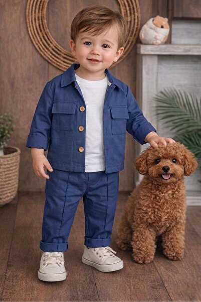 P&H BABYWEAR Keten Likralı Safari Model 3'lü Erkek Bebek/Çocuk Takımı