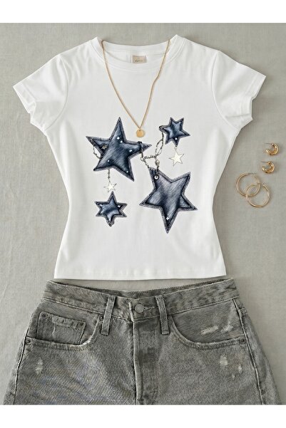 NİCE Γυναικείο κοντομάνικο μπλουζάκι με στάμπα αστεριών και αλυσίδες - Lycra ...