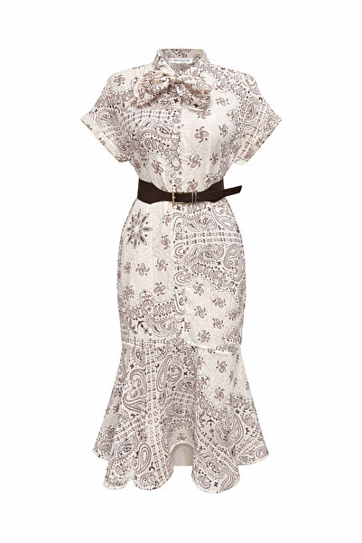 Mixray 4882 Γυναικείο φόρεμα μίντι με σχέδιο σάλι και δεμένη ζώνη, εκρού