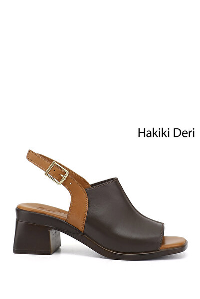 GÖNDERİ(R) Γυναικεία καφέ αντίκα σανδάλια από γνήσιο δέρμα με χοντρό τακούνι