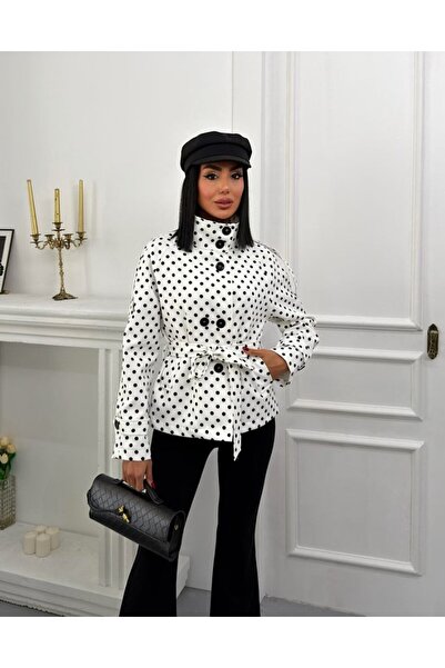 VESS MODA Γυναικεία κοντή καμπαρντίνα με όρθιο γιακά και πουά επωμίδες στους ...