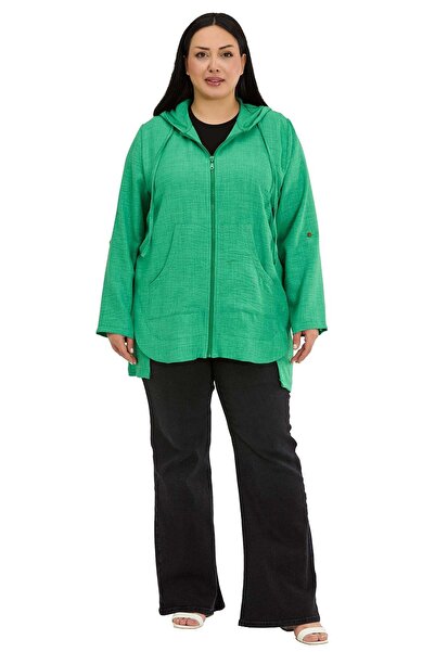 DISENTIS MODEST Μπουφάν μεγάλου μεγέθους με κουκούλα και φερμουάρ, με υφή λιν...