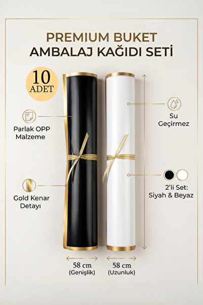 OLİ Art Çiçek Buket Kağıdı 10 Adet / Siyah Beyaz Çiçek Kağıdı Altın Kenarlı